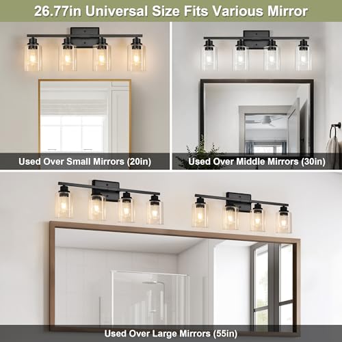 Unicozin Black 4-Light Vanity Light Fixture for Bathroom Mirror - Modern Wall Lamp with Clear Glass Shades