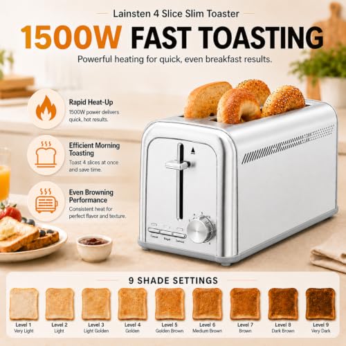 Slim 4-Slice Toaster with Long Slots & 9 Shade Settings - Silver