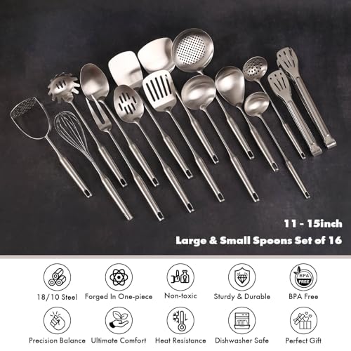 Stainless Steel Cooking Spoons Set 16 Pieces - All Metal Utensils, Includes Tongs & Ladles