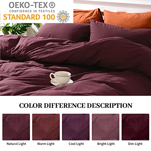 King Size Burgundy Duvet Cover Set Linen Look 100% Washed Cotton Textured Bedding