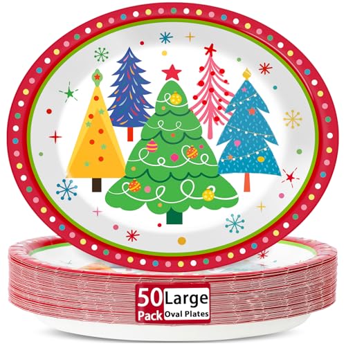 Lonfliness Colorful Christmas Tree Plates Set 50 Pcs Disposable 11 Inch Oval Holiday Dinnerware - Christmas Tree Variation