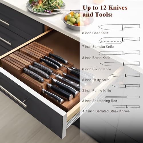 In-Drawer Knife Block Organizer without Knives, Acacia Wood, Fits Most Drawers
