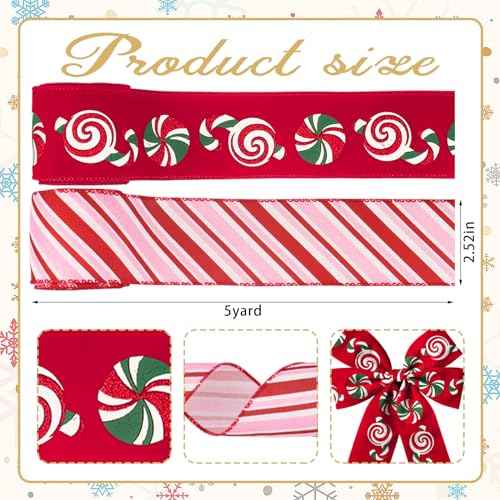 2 Rolls Christmas Ribbon for Wreath Bows Wrapping Gifts, Red Pink Candy Cane Ribbon for Gift Wrapping Party Supplies Decoration DIY Crafts 2.5" X 10 Yard Wired Winter Christmas Wreath Ribbon