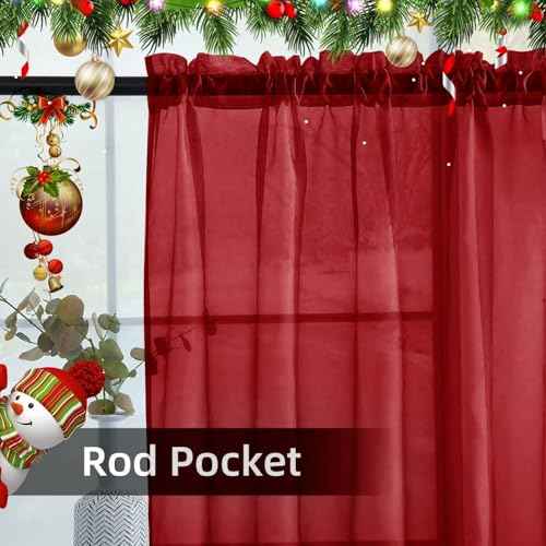 youleyar Solid Sheer Rod Pocket Curtain Voile Draperies 2 Panels White Beige Black Grey Ivory 52 Inch Width 84 Inch Long 1 Pair for Kitchen Bedroom Children Living Room Yard (Christmas Red,52W£ø84L)