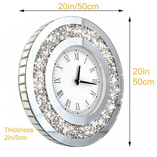 Silver Mirror Wall Clock 20x20in with Sparkle Crushed Diamond Design – Modern Home Decor