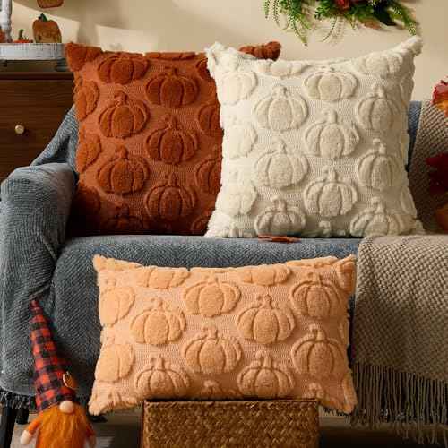 DFXSZ Fall Pillow Covers 18x18 Set of 2 Fall Decorations Autumn Beige Pumpkin Throw Pillow Cases Soft Plush Faux Fur Wool Couch Cushion Case for Chair Sofa Living Room Home Decor PTK045A18