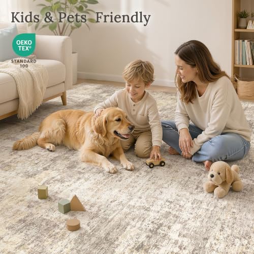 Cotiled Beige 9x12 Area Rug - Washable Soft Abstract Living Room Carpet