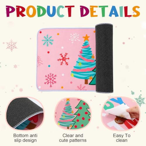 Pink Christmas Kitchen Rugs Set with Xmas Tree & Snowflake Decorations - Non Slip, 2 Pack, Christmas Tree Variation