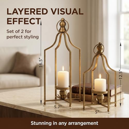 12.5 & 16.5 Inch Antique Gold Decorative Lanterns Set of 2 - Farmhouse Candle Holders