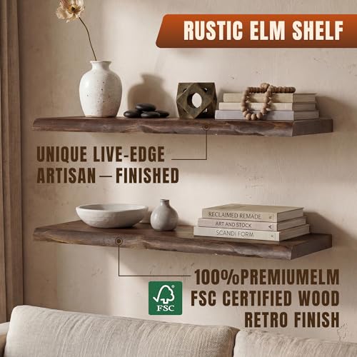 Vintage Weathered 32-Inch Live Edge Floating Shelves Set of 2 - Solid Elm Wall Shelves