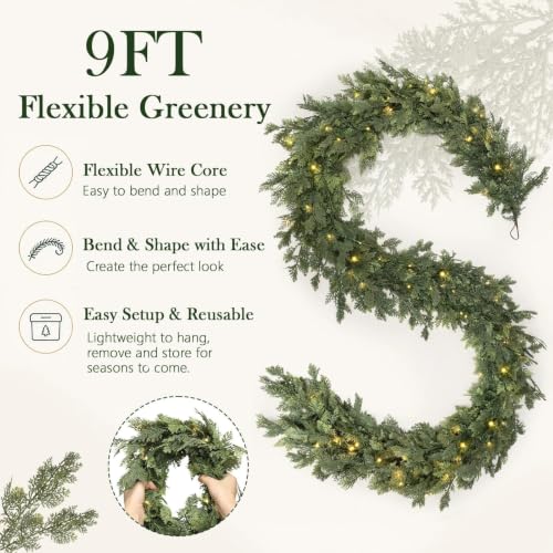 Green 9FT Pre-Lit Christmas Garland with Lights Indoor Outdoor Decor - Real Touch Cedar
