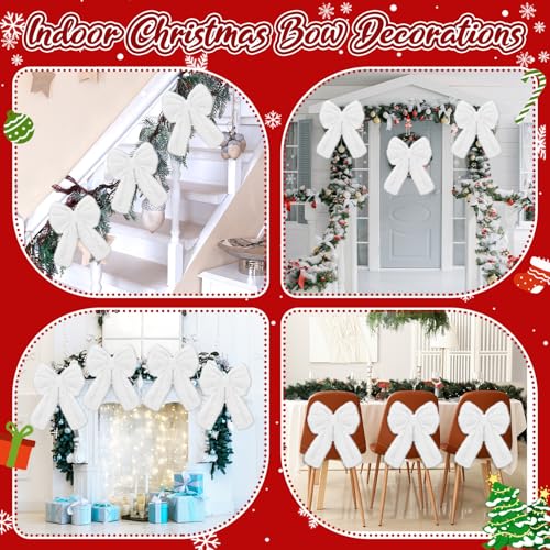 Janinka 6Pcs Large White Faux Fur Christmas Bow Ornaments 13.4 x 9.1 in - White/Plain