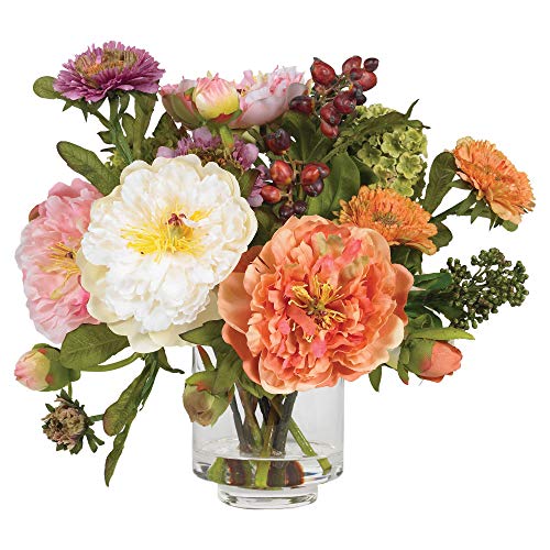 Artificial Peony Arrangement in Glass Vase - 10 Inch Assorted Blooms, Decorative Faux Flower