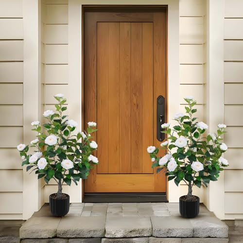 Artificial Camellia Trees in Pot - White, Medium - Indoor & Outdoor Decor, 2 Pack