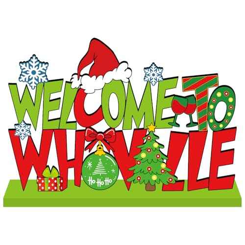 Christmas Table Decorations, Welcome to Christmas Party Table Centerpieces 11.8x7.9inch Red and Green Snowflake Style Wood Tabletopper for Winter Holiday