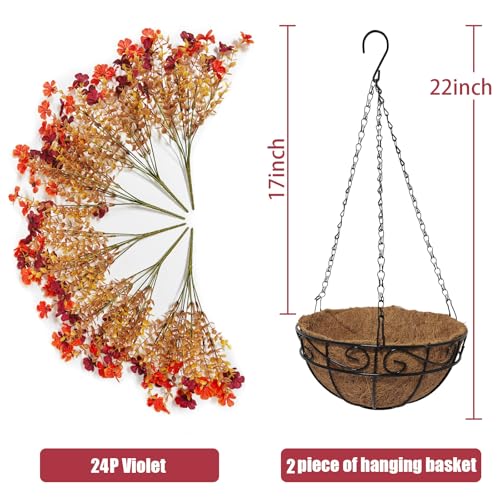 Artificial Fall Hanging Baskets Outdoor Set with Faux Flowers, 2 Pcs Orange Red