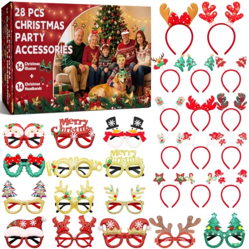 Christmas Glasses and Headbands Set - Holiday Party Accessories, 28 Pieces