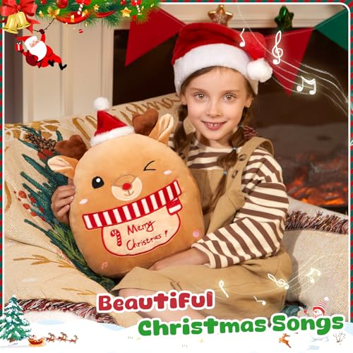 Athoinsu Light up Musical Christmas Elk Soft Plush Pillow 14 Inches Xmas Reindeer Plush Pillow for Toddler Kids Boys Girls Party Home Decorations