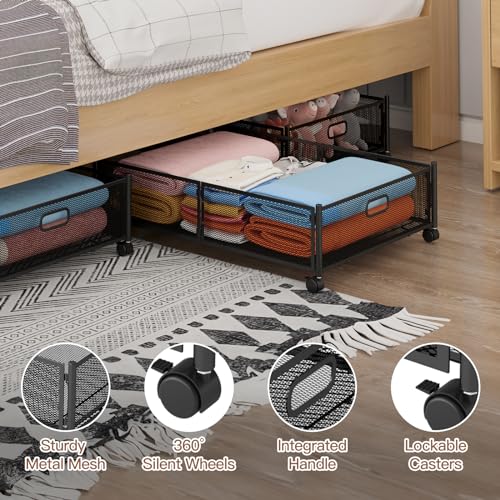 Gawerk Under Bed Storage Container with Wheels - Foldable Metal Mesh Bin for Clothes - Black - 2 Pack