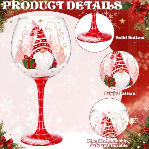 LemonRoad 4Pcs Hand Painted Christmas Wine Glasses Set - 16 oz, Santa, Reindeer, Snowman & Gnome (Variation: Cute)