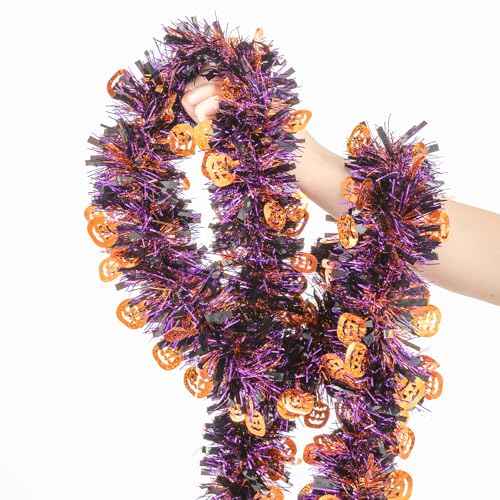 33FT Halloween Tinsel Garland, Black Orange Purple Metallic Twist Foil Tinsel Garland with Pumpkin Ornament Shiny Pumpkin Hanging Garland for Halloween Party Indoor Outdoor Decoration