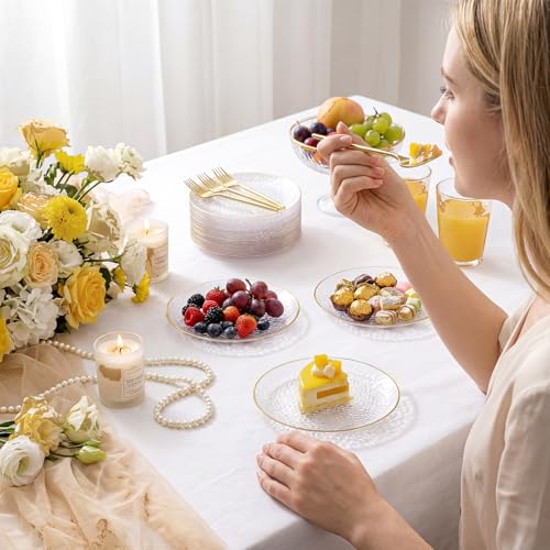 Clear Gold Dessert Plates with Forks Set - 6 Inch Hammered Plastic Party Plates & Gold Forks, Elegant Disposable Dinnerware for Weddings & Events