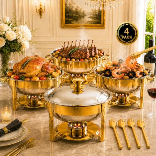 Buffet Chafing Dishes Set - 4 Pack 6QT Stainless Steel with Gold Finish
