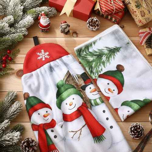 Tudomro 2 Pcs Christmas Snowman Print Kitchen Dish Towels, Christmas Hand Towels Set with Hanging Loop, Absorbent Polyester Kitchen Bundle, Winter Gifts Decoration for Family, 15 x 24 Inches