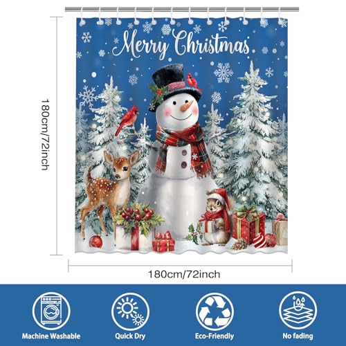 Mocsicka Blue Christmas Snowman Shower Curtain 72x72 Inches Waterproof Fabric Holiday Decor with 12 Hooks
