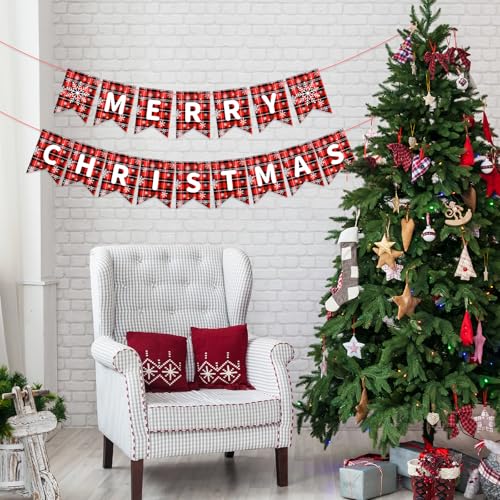 Merry Christmas Banner Decorations, Pre-Strung Red Black Buffalo