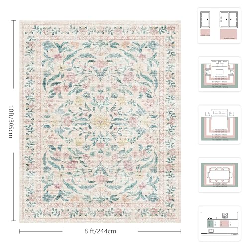 8x10 Pink Bloom Floral Area Rug - Machine Washable Low Pile Boho Rug with Non-Slip Backing, Rectangular