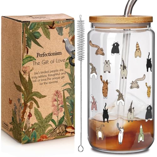 Cat Mom Glass Cup 16oz with Lid & Straw – Cute Cat Themed Gift for Women