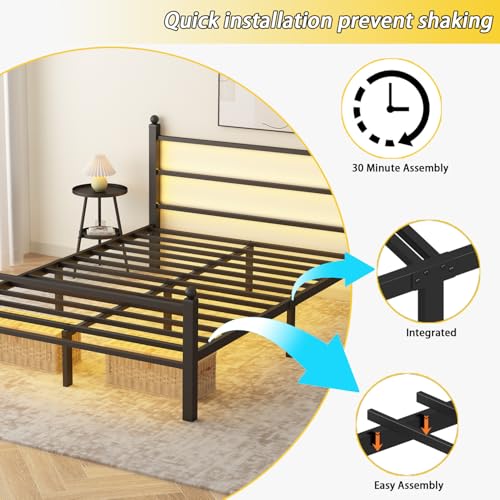 Full Size Bed Frame with Headboard & Footboard Black Metal Platform with LED & USB