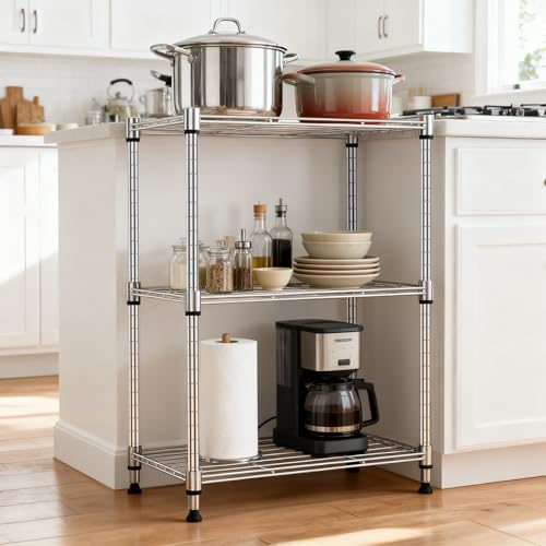 3-Tier Wire Storage Shelving Unit - Heavy Duty Steel Organizer, Chrome, 11.8"D x 17.7"W x 26.4"H