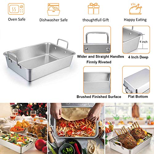 TeamFar Stainless Steel Roasting Pan 16-Inch Large Turkey Roaster Pan - Silver