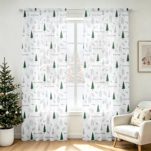Youleyar Christmas Tree Print Sheer Curtains 72in L, Pack of 2, Green