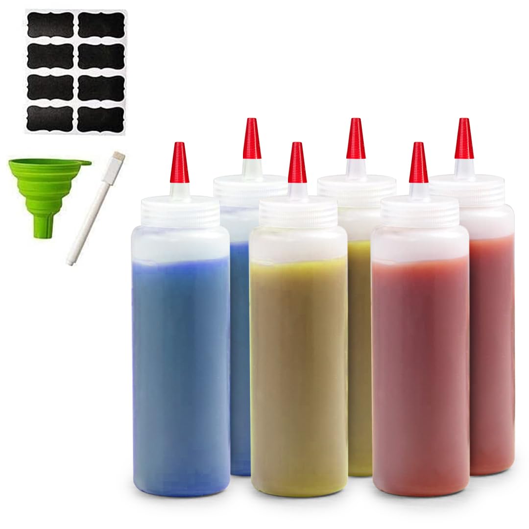 Bellemain 6-Pack Condiment Squeeze Bottles for Sauces - Includes Funnel, Erasable Marker & Reusable Labels, Perfect for Salad Dressings, Liquids, and Ketchup, Durable Plastic 16 oz Bottles