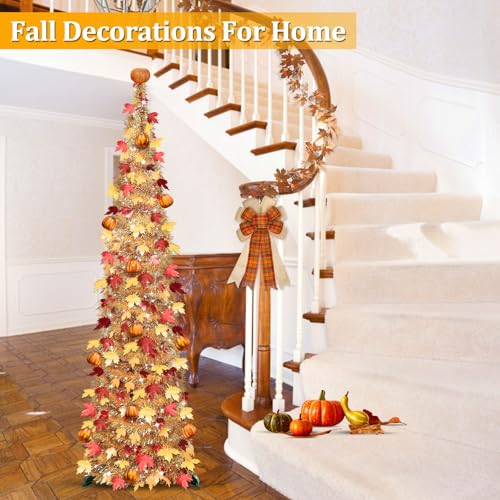 5 Ft Fall Decor Artificial Tree with Warm White String Lights and Pumpkin Topper