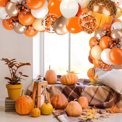 62Pcs Fall Balloons Set, 12 Inch Orange Champagne Gold Retro Ivory White Confetti Latex Balloons Kit with Ribbons, Party Balloons Kit for Birthday Thanksgiving Fall Wedding Party Decorations