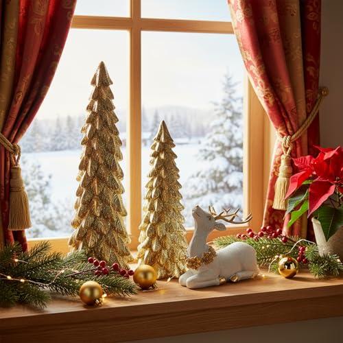 Gold Christmas Reindeer & Tree Figurine Set - Holiday Decor, Resin, 3 pcs