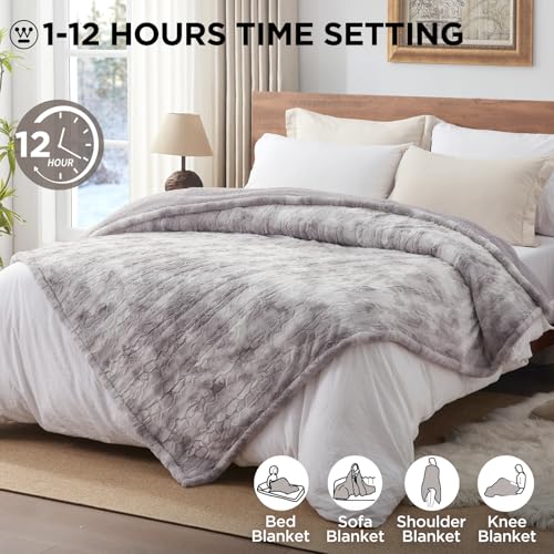 Westinghouse Queen Size Heated Faux Fur Blanket Light Grey - 10 Temp Levels
