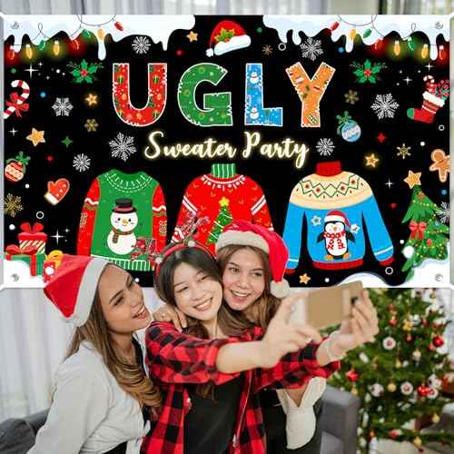 Avezano Ugly Sweater Party Banner Ugly Christmas Sweater Party Decorations Backdrop Xmas Elfed Up Photo Booth Background Banner (6x3.6ft)