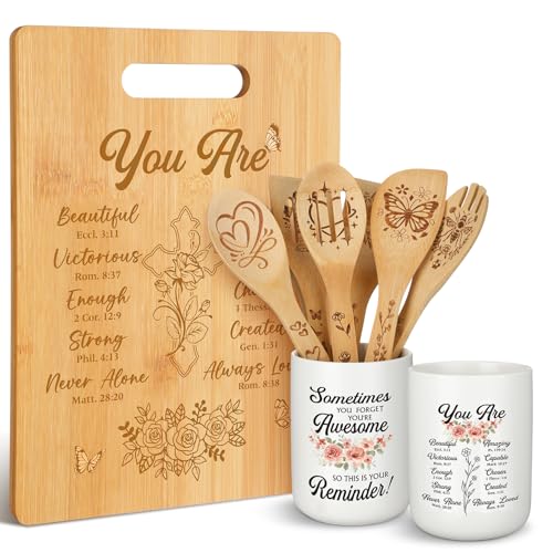 Religious Christmas Gift Set for Women - Christian Kitchen Utensils & Bamboo Cutting Board