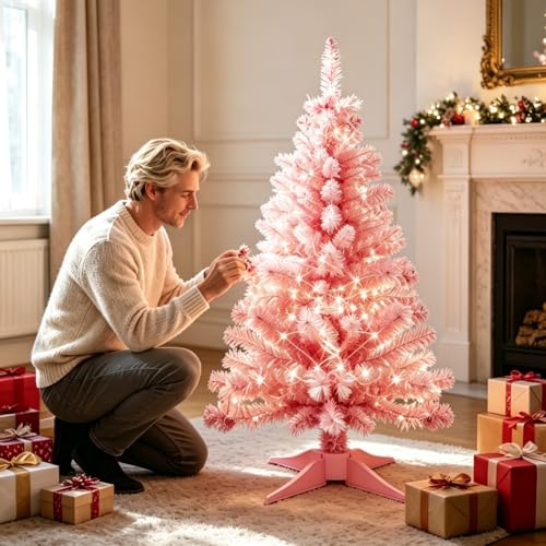 Nakolulu 3ft Pink Mini Christmas Tree with 50 LED Lights, 160 Tips, Hinged Branches & Detachable Stand - Pink Christmas Tree