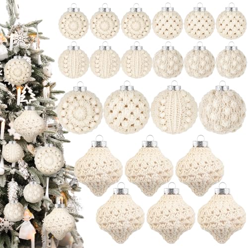 Syhood 24 Pcs Crochet Christmas Ornament Set in Warm White | 5 Styles, 2 Sizes
