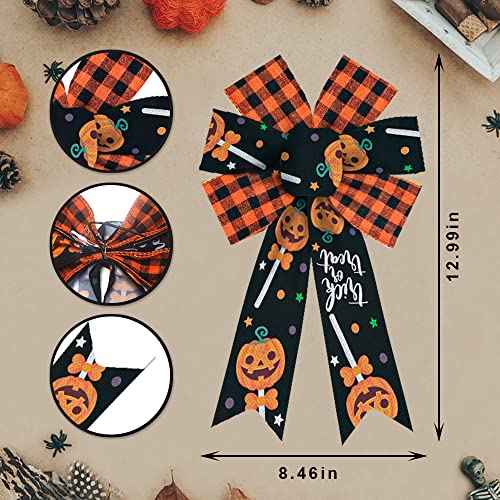 2-Piece Halloween Decorations: Orange & Black Buffalo Plaid Bows for Pumpkin Wreaths & Front Door