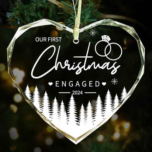 Engagement Gifts for Couples Christmas Crystals Ornaments 2024 Newly Engaged Keepsake Heart Glass with Gift Box for Women, Our First Christmas Engaged