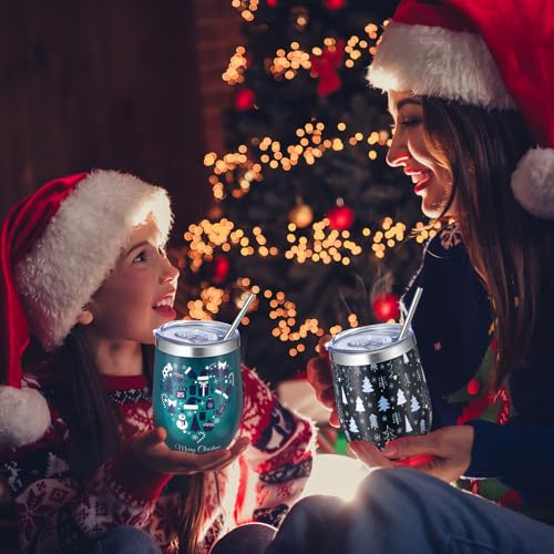 Sliner 12-Pack Christmas Wine Tumblers with Lids & Straws Snowy