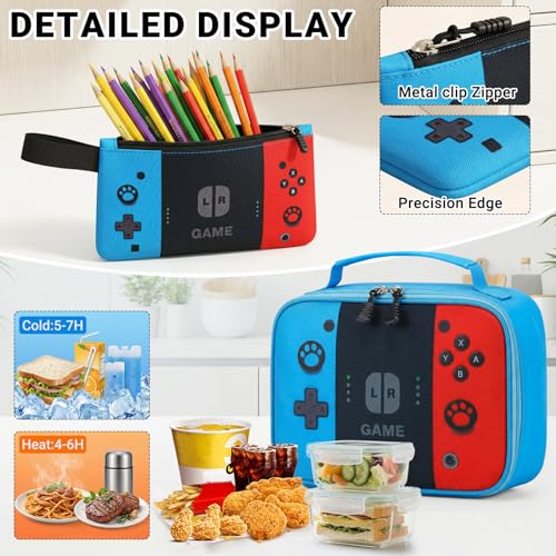 TILYTADLY 4-Piece School Backpack Set for Boys - Red-Blue Video Game Bookbag with Lunch Box & Detachable Waist Bag for Ages 6-18