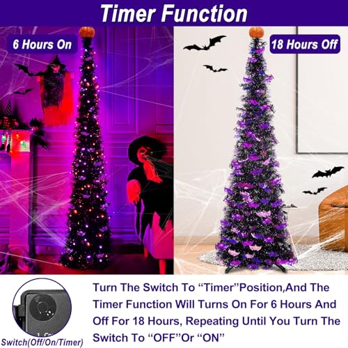 6 Ft Black Tinsel Halloween Tree with Purple Bats & LED Lights - Decor